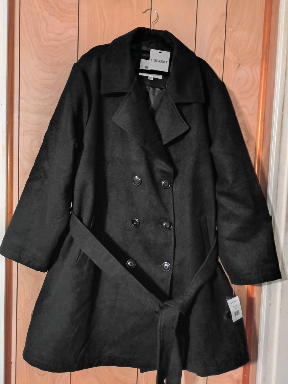 Steve Madden Black Double-Breasted Belted Pea Coat
